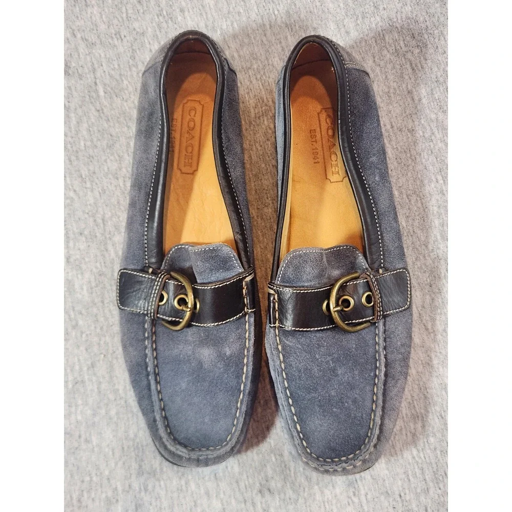 Coach Loafers Womens 6.5 Blue Suede Leather Buckle slip on Shoes